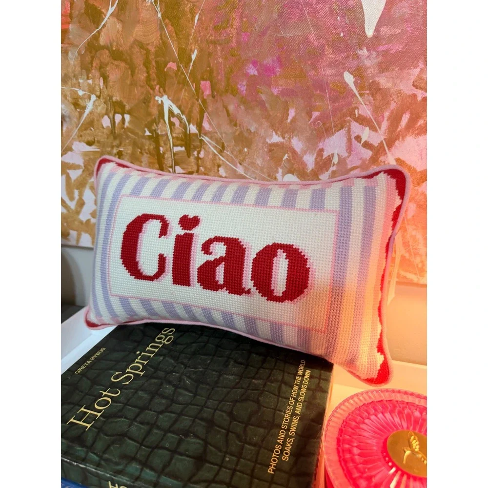 Nanjing Olive Textiles Ciao Throw Pillow Misc 9x15 Pink Red Needlepoint Stripe